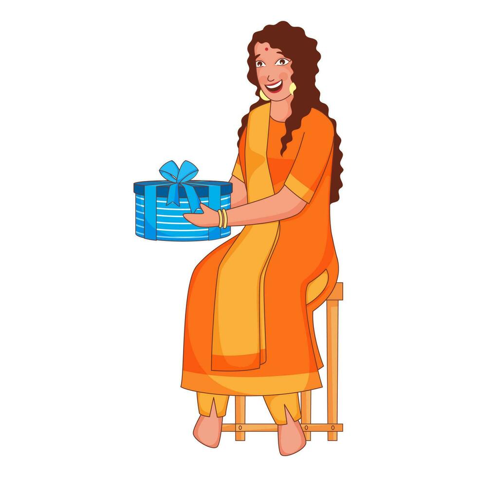 desenho animado personagem do alegre indiano menina segurando presente caixa e sentar em banco. vetor