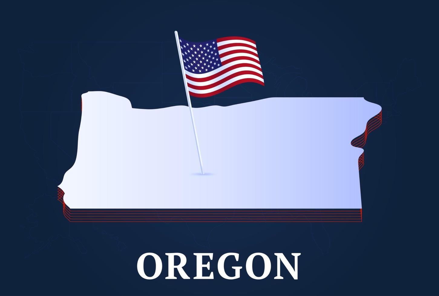 mapa isométrico do estado de oregon e bandeira nacional dos eua forma isométrica em 3D de ilustração em vetor estado dos EUA