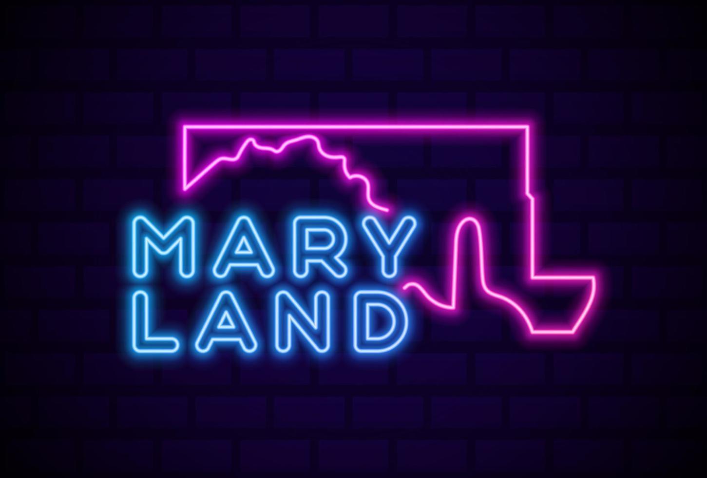 maryland us state lâmpada de néon brilhante sinal ilustração vetorial realista parede de tijolo azul brilho vetor
