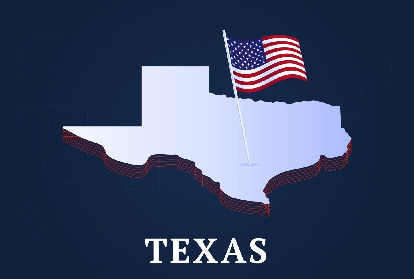 mapa isométrico do estado de texas e bandeira nacional dos EUA forma isométrica em 3D de ilustração em vetor estado dos EUA