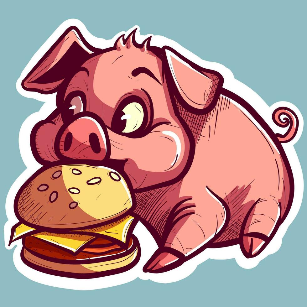 digital arte do uma com fome leitão comendo uma hambúrguer. vetor do uma Rosa porco devorando uma grande X-Burger. desenho animado humanizado animal com uma Hamburger.