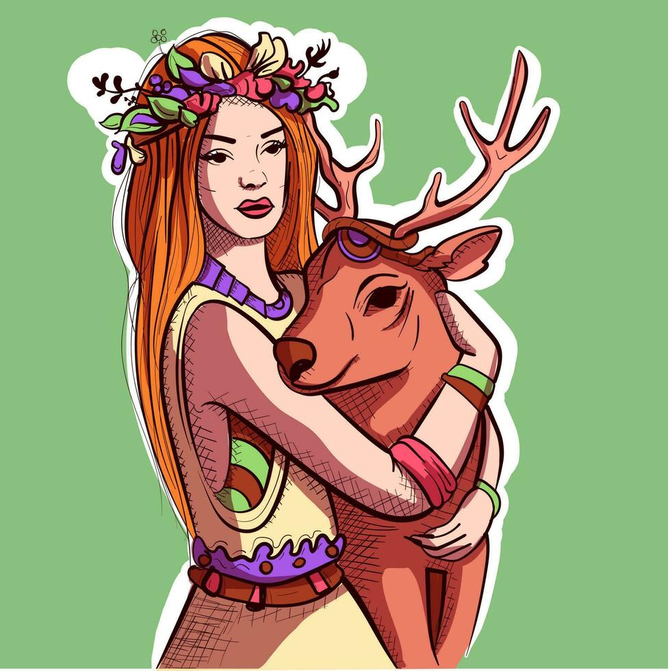 digital arte do uma hippie mulher com flores em dela cabelo segurando uma selvagem cervo. vetor do uma boho menina abraçando uma rena.