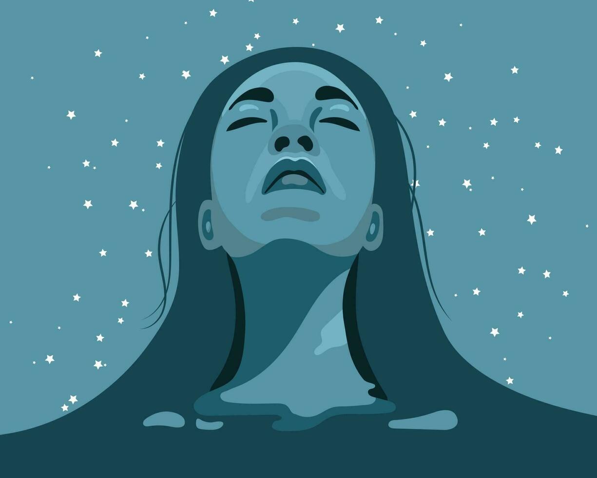 mental saúde. harmonia com você mesmo e a universo. mulher em a fundo do a céu com estrelas. ilustração, vetor