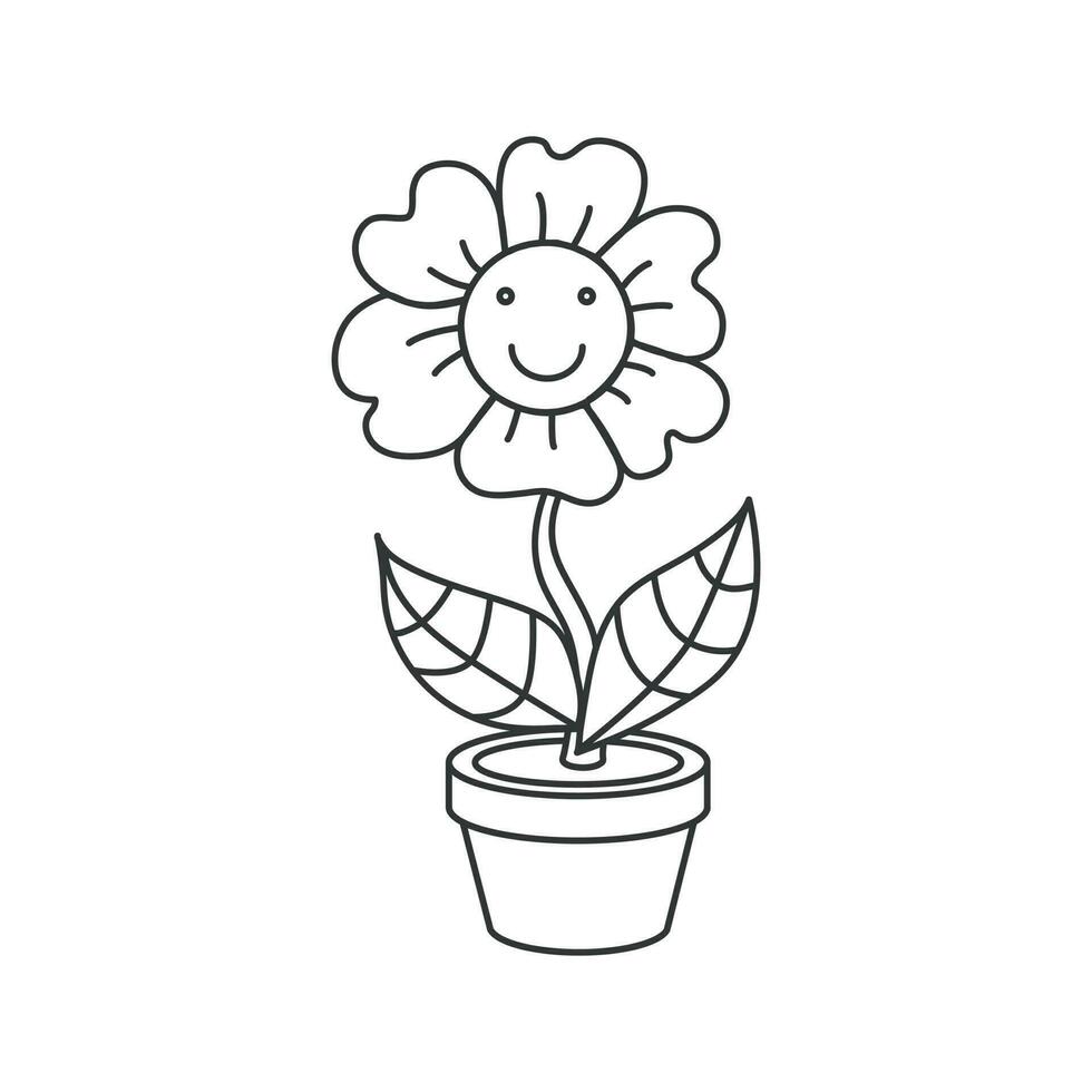 ícone do uma sorridente margarida dentro uma flor Panela. ilustração dentro esboço estilo. vetor Projeto.