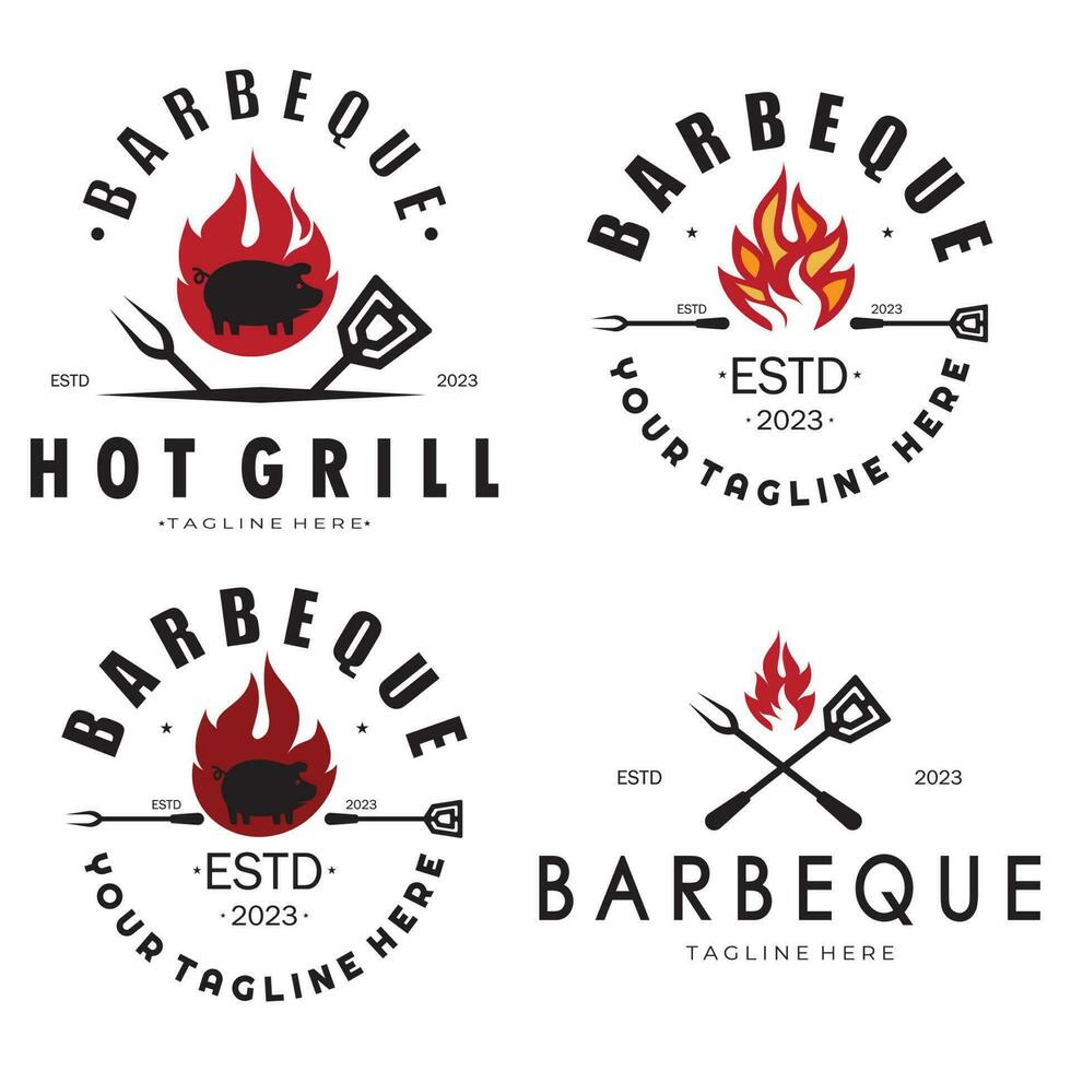 fumaça e churrasco churrasco vintage quente grade, com cruzado chamas e espátula. logotipo para restaurante, distintivo, cafeteria e barra.vetor vetor