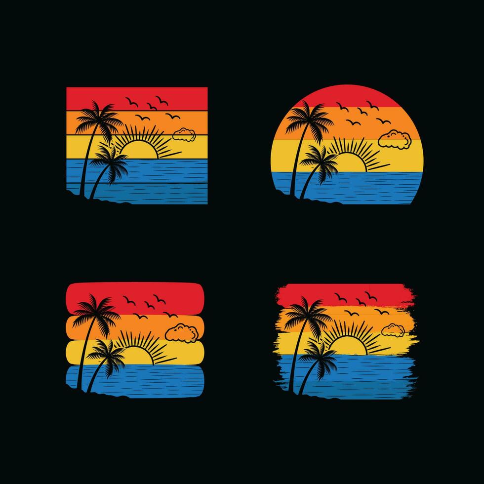 vintage retro pôr do sol verão de praia camiseta Projeto para verão vibrações apenas, Califórnia de praia apreciar verão com Palma árvores, espreguiçadeira guarda-chuva camiseta Projeto pronto modelo gráficos vetor ilustração