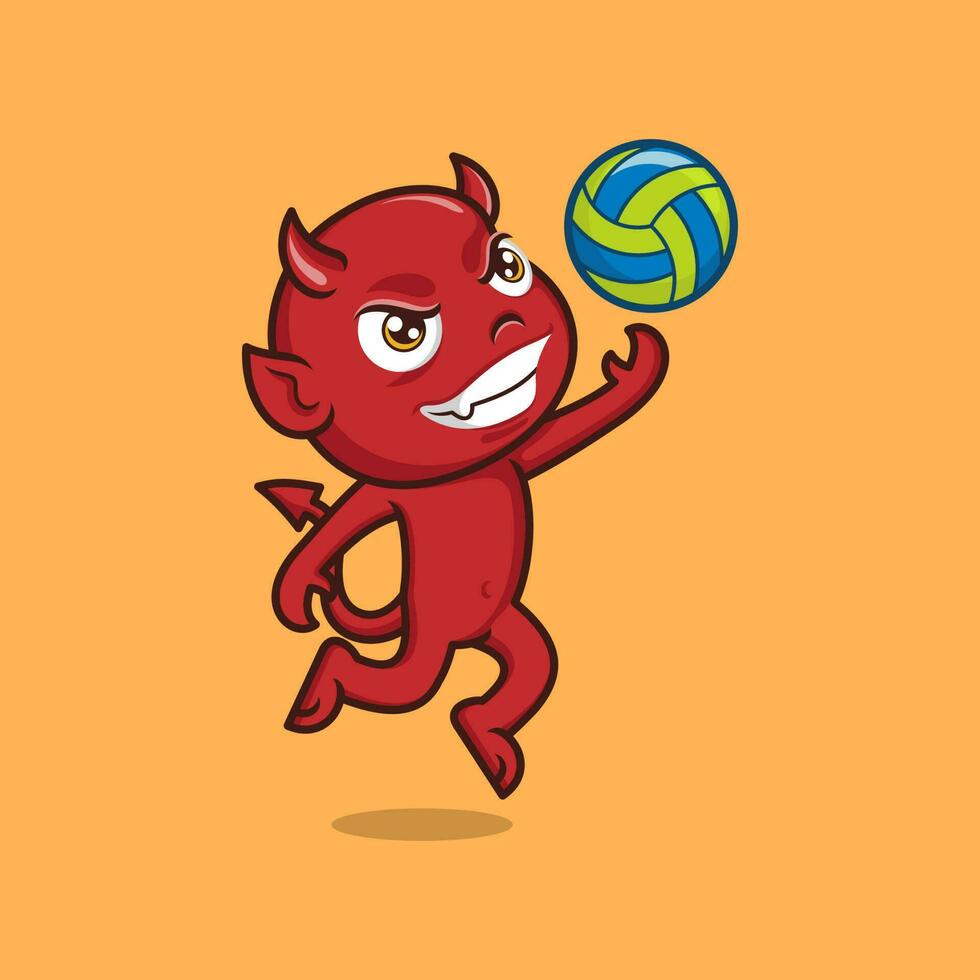 fofa desenho animado diabo jogando voleibol vetor