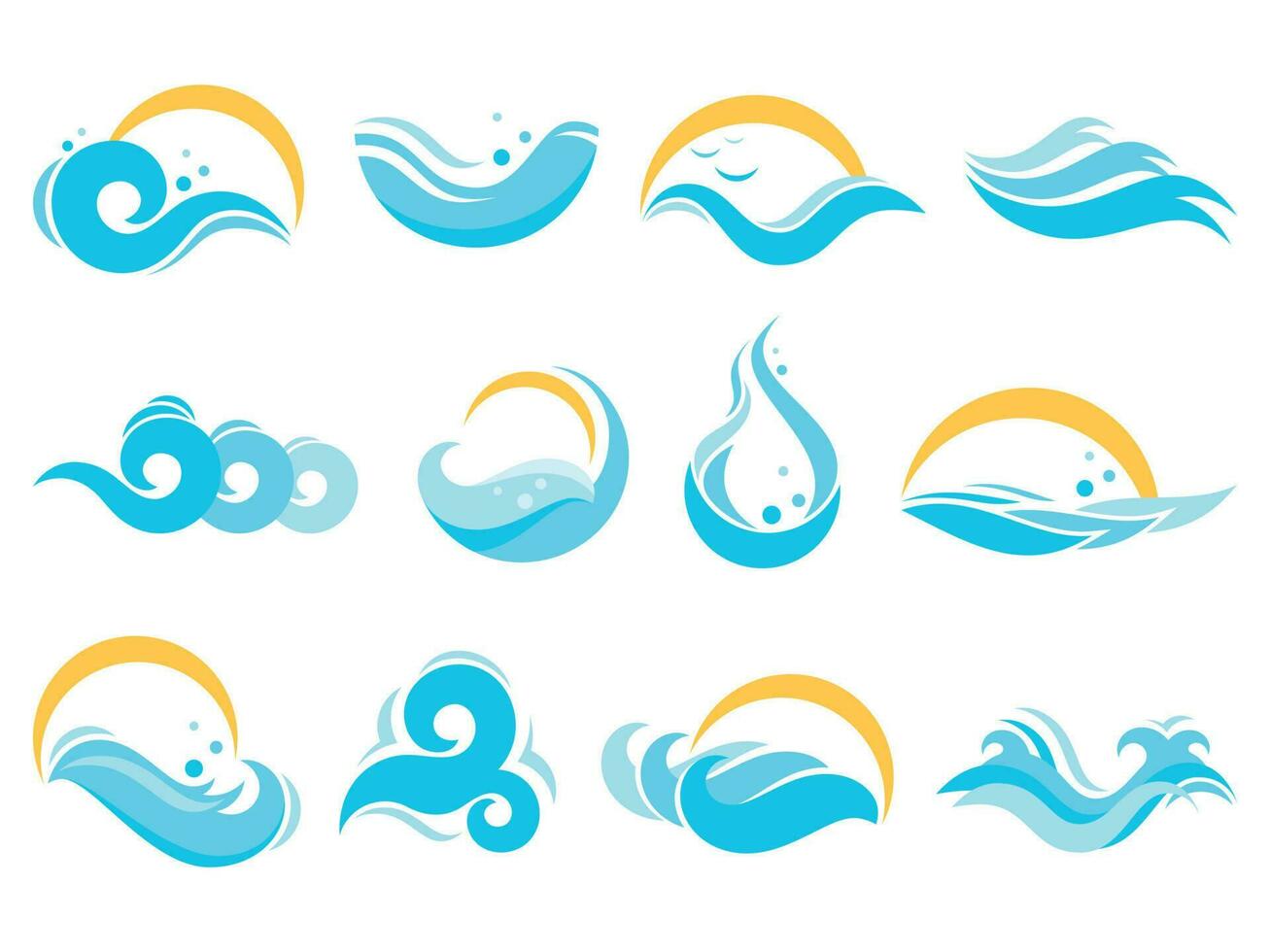 mar água ícones. oceano ondas, agua respingo e azul rio aceno. lago águas, fluindo superfície isolado vetor ícone ilustração conjunto