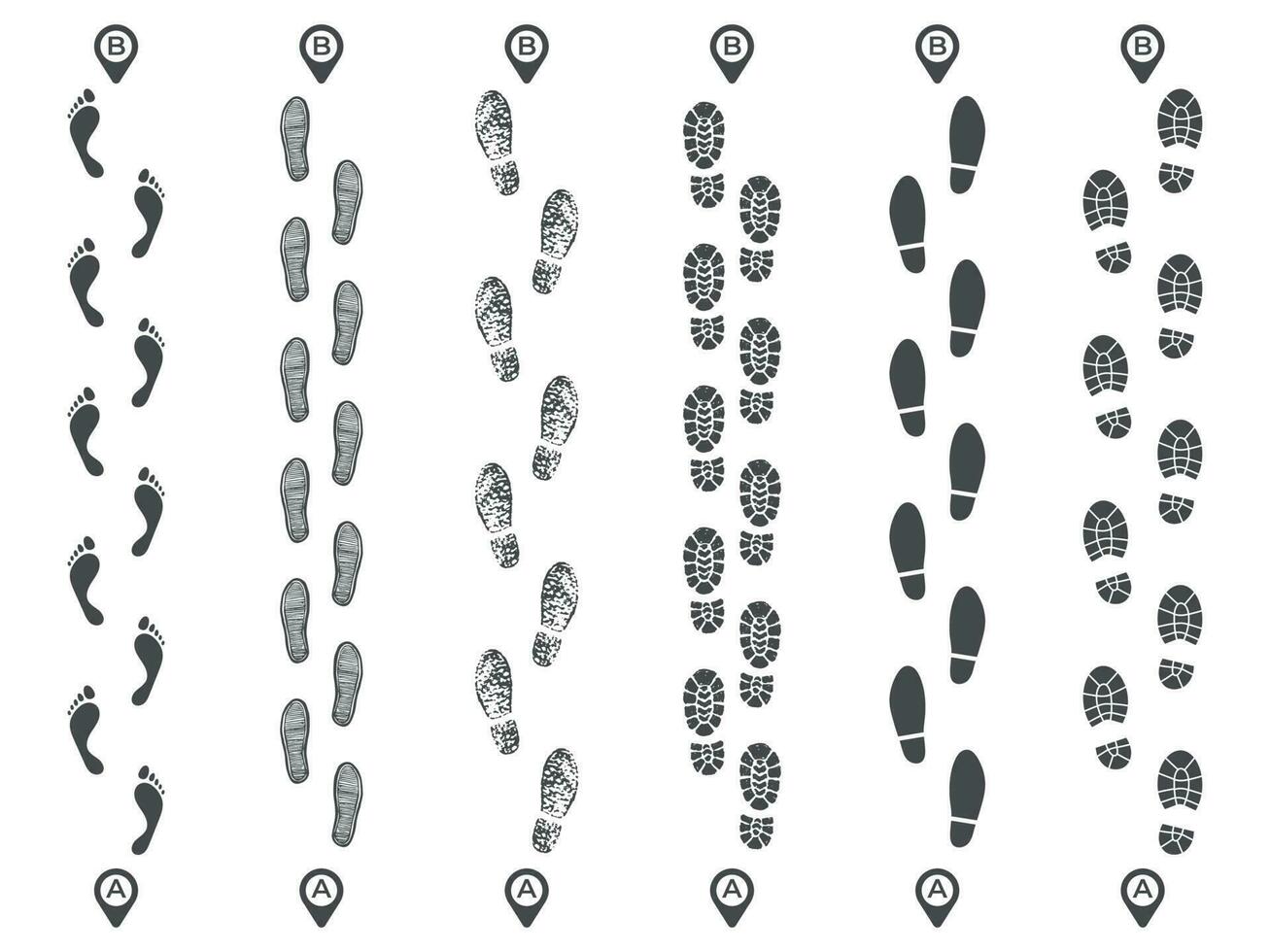 passos rastrear rotas. pegada trilha, passo imprimir caminho rota e caminhando pé passos mapa alfinetes isolado vetor ilustração