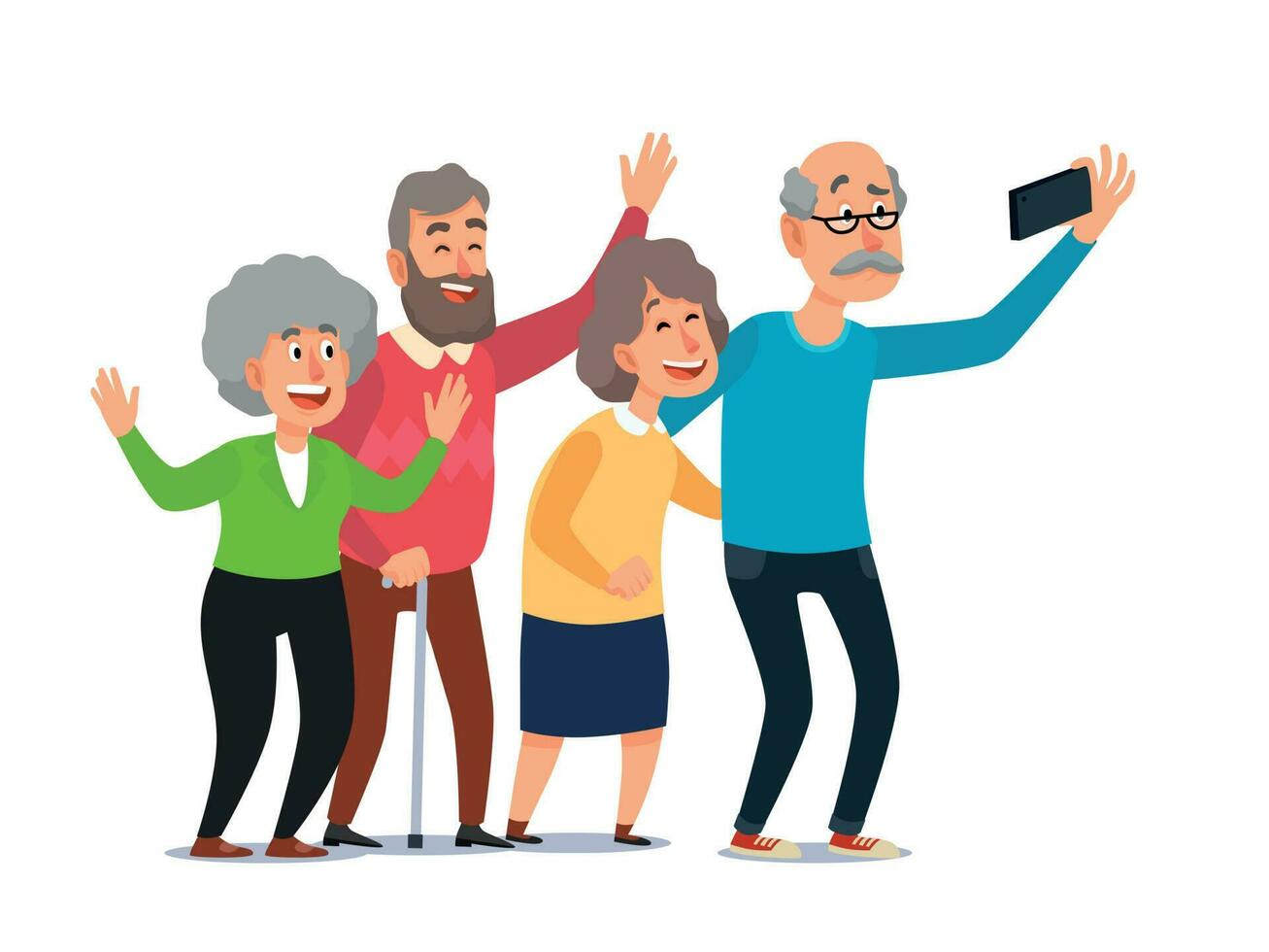 velho pessoas selfie. Senior pessoas levando Smartphone foto, feliz rindo grupo do idosos desenho animado ilustração vetor