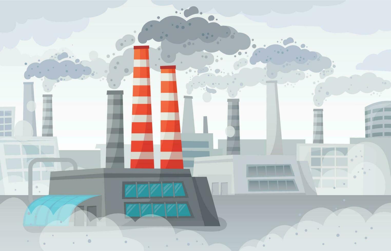 fábrica ar poluição. poluído ambiente, industrial smog e indústria fumaça nuvens vetor ilustração