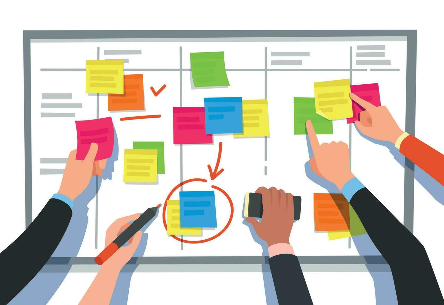 scrum borda. tarefa lista, planejamento equipe tarefas e colaboração plano fluxograma. o negócio fluxo de trabalho esquema desenho animado vetor ilustração