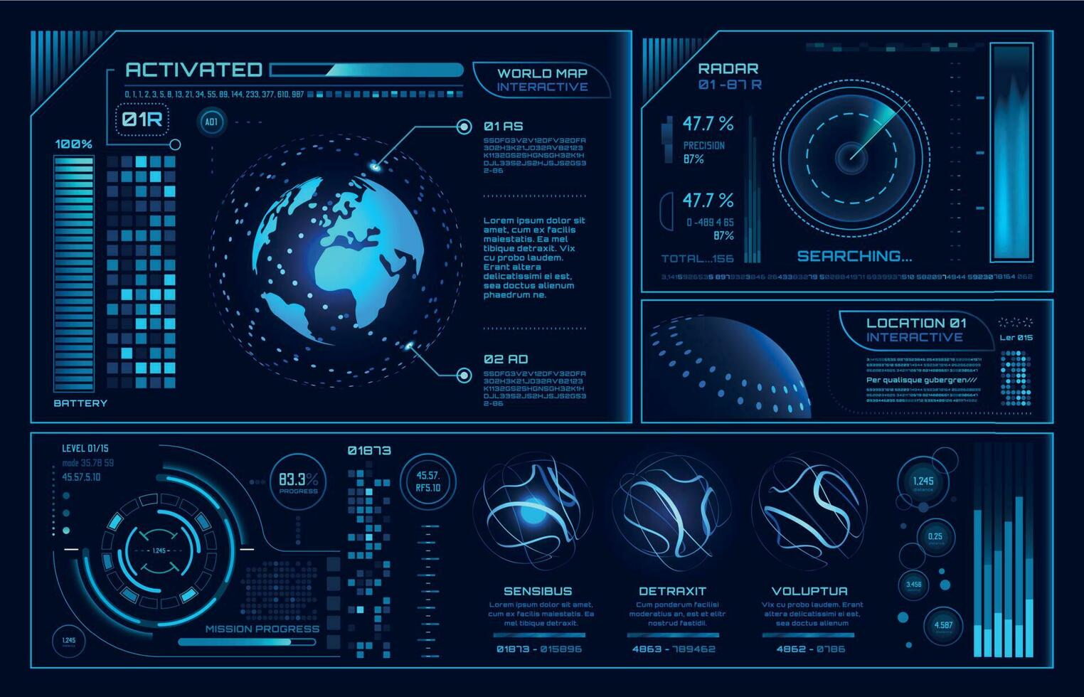 futurista hud interface. futuro holograma ui infográfico, interativo globo e cyber céu fi tela vetor fundo ilustração