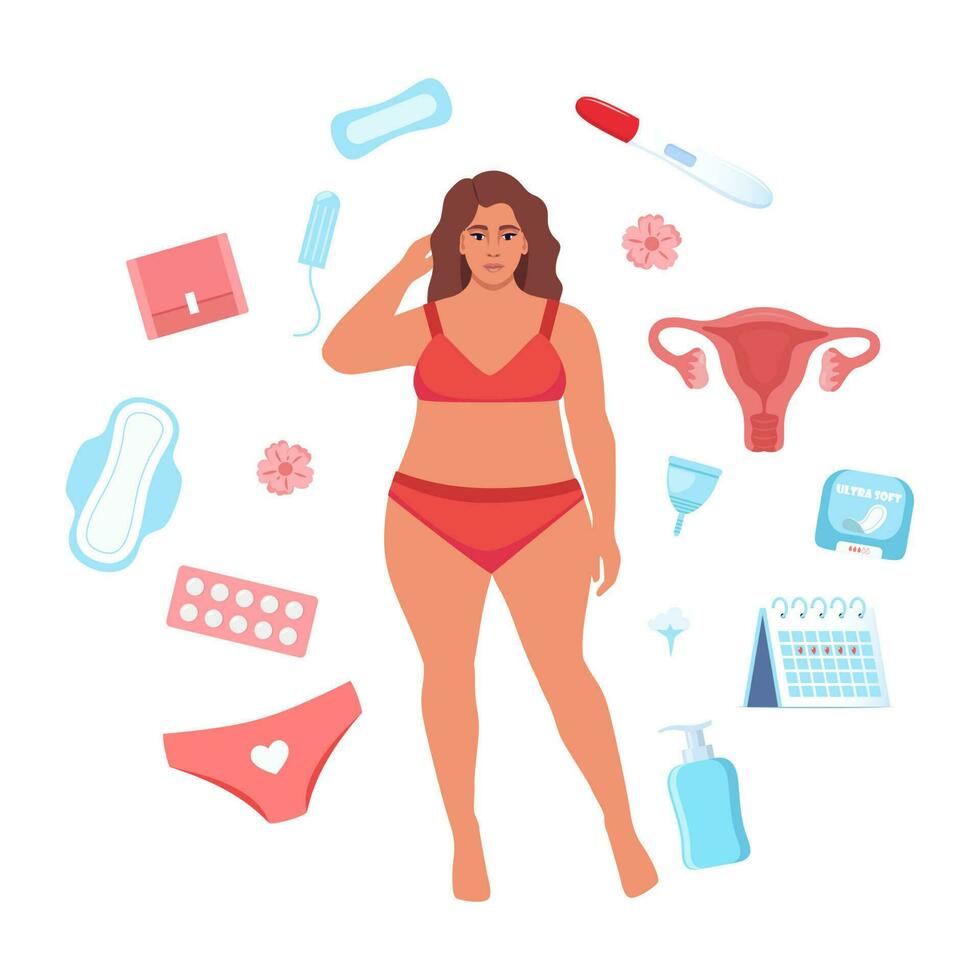 mulher saúde conceito. menstruação, período, fêmea útero, reprodutivo sistema. mulher, gravidez teste, tampão, calendário, útero, almofadas, menstrual xícara, calça. vetor ilustração.