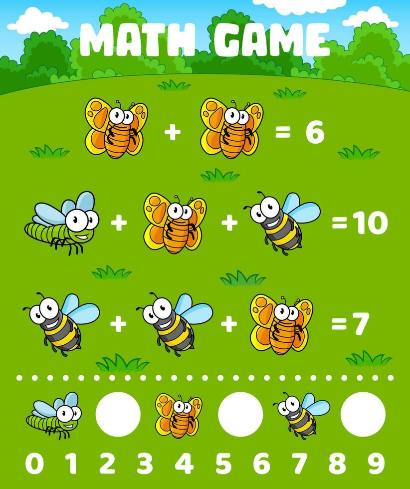 matemática jogos planilha, desenho animado abelha e borboleta vetor