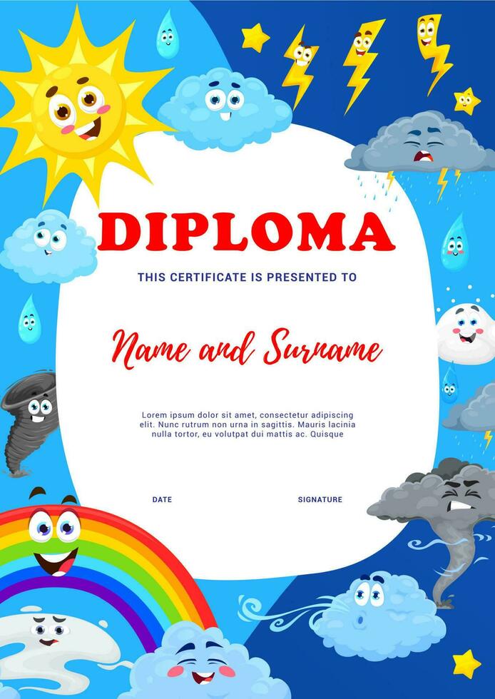 crianças diploma com desenho animado clima personagens vetor