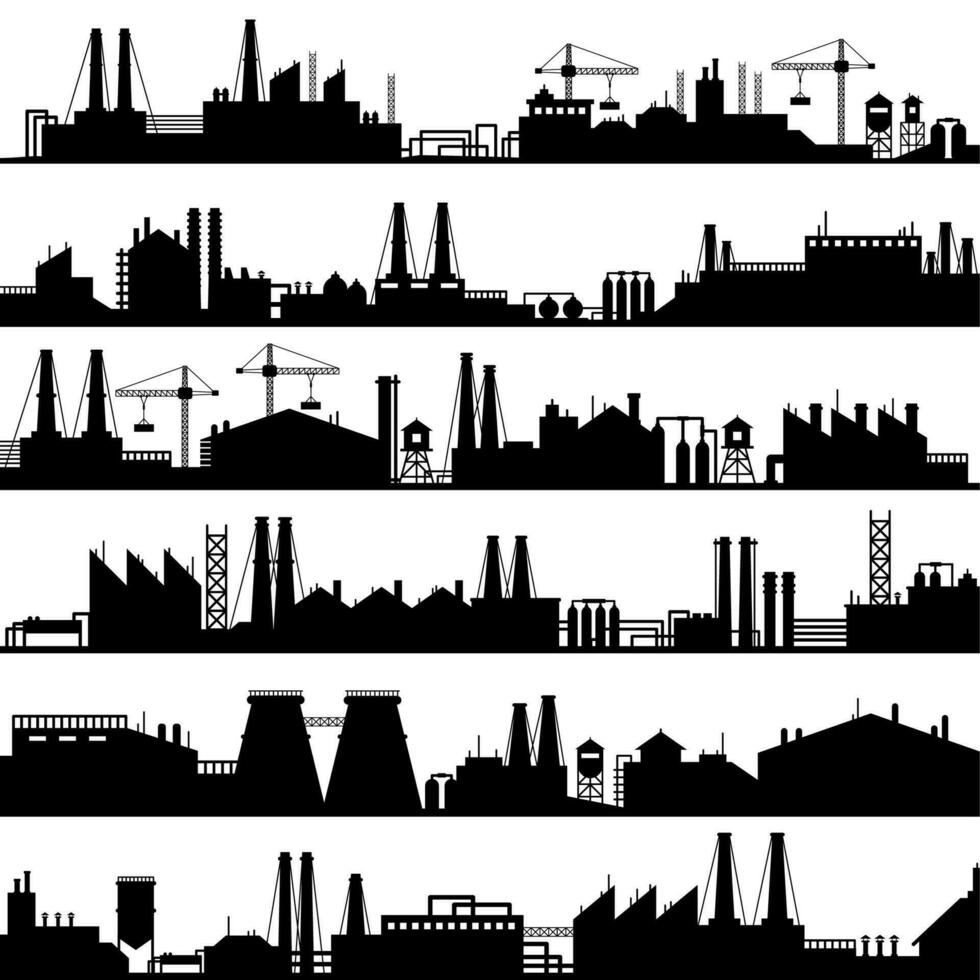 fábrica construção silhueta. industrial fábricas, refinaria panorama e fabricação edifícios Horizonte vetor ilustração conjunto