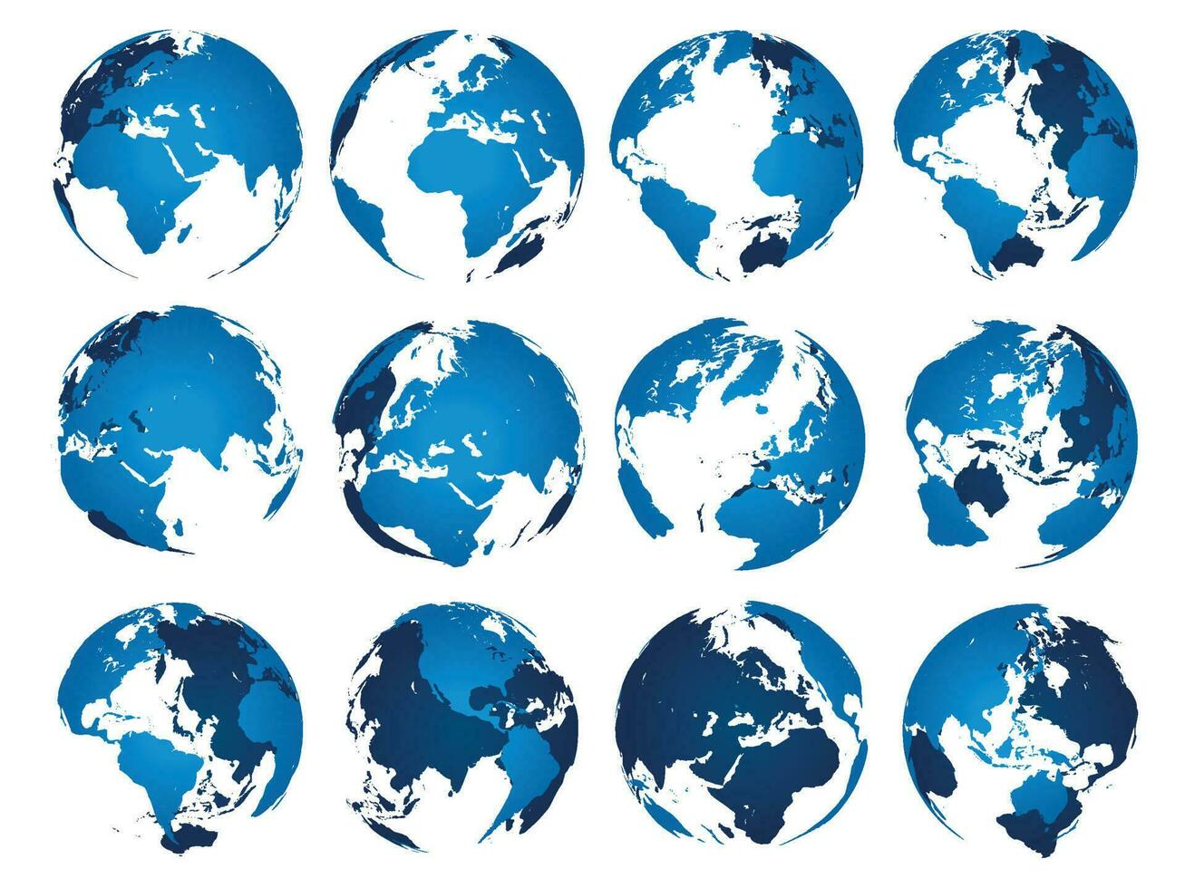 azul terra globo. globos esfera silhueta, Europa Ásia e América mapas. terra mapa isolado 3d vetor conjunto