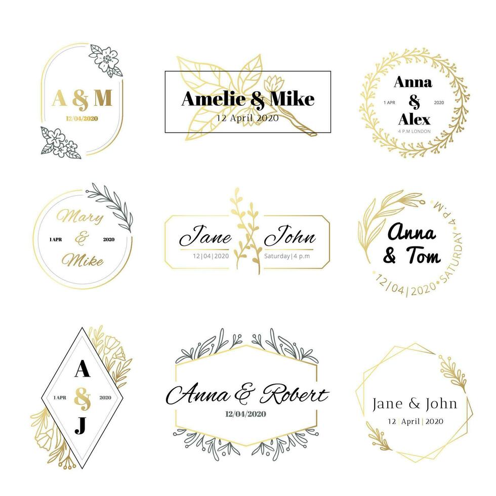 Casamento convite rótulos. minimalista floral folhas quadros, elegante dourado casamento cartão e Salve  a encontro ouro rótulo vetor conjunto