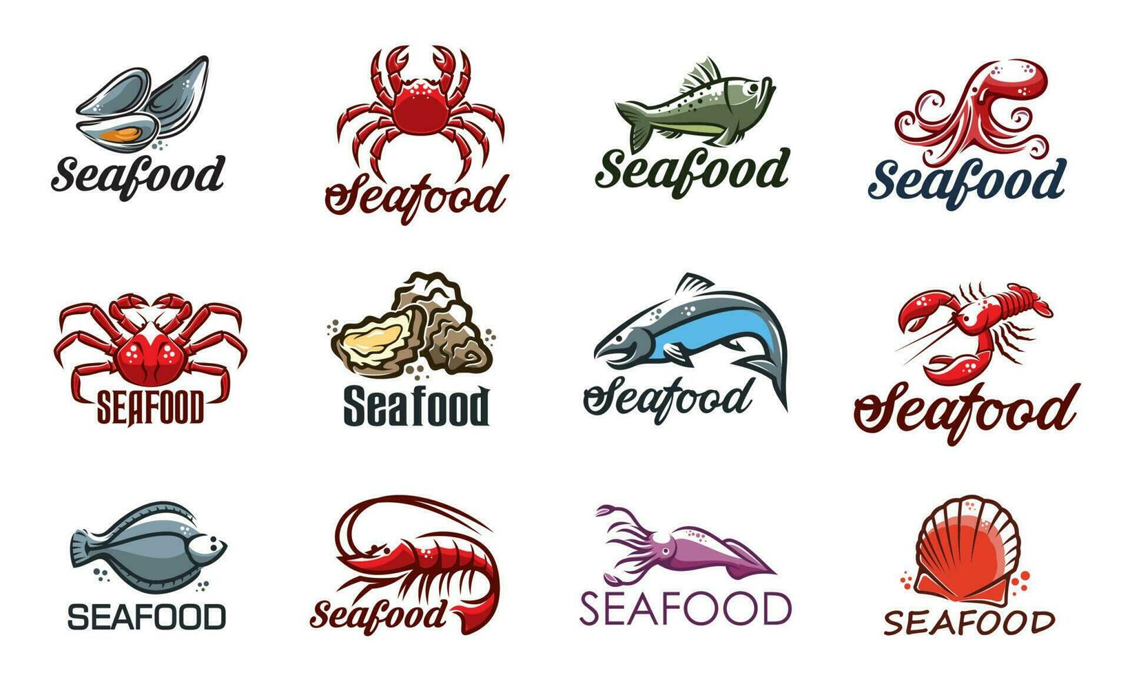 frutos do mar ícones com peixe, camarão, lagosta e caranguejo vetor