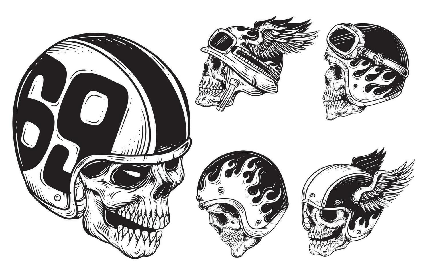 conjunto agrupar Sombrio arte crânio cavaleiro homem face ciclistas retro vintage tatuagem capacete motocicleta personalizadas ilustração vetor