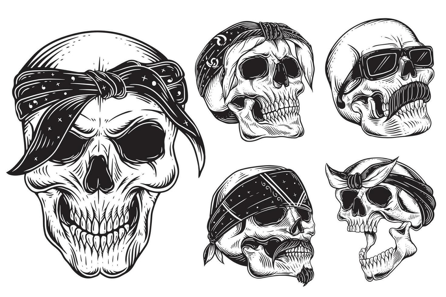 conjunto agrupar Sombrio arte crânio cavaleiro ciclistas retro vintage tatuagem capacete motocicleta mão desenhado estilo ilustração vetor