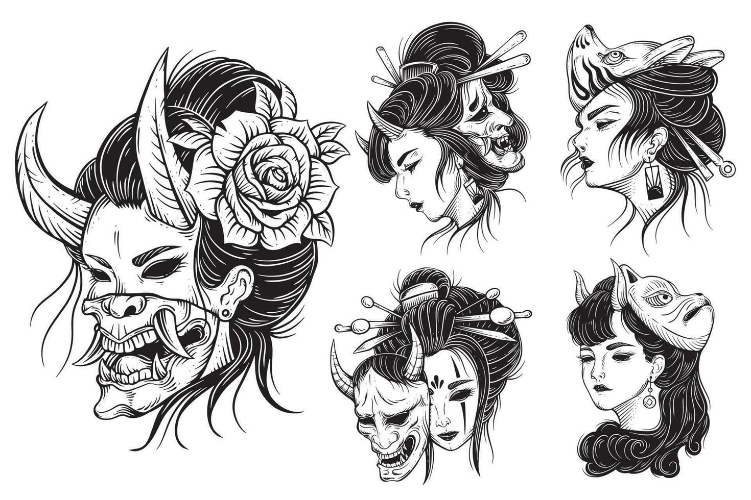 conjunto agrupar vintage japonês menina gueixa rosa mulher crânio mascarar tatuagem tradicional Guerreiro ilustração vetor