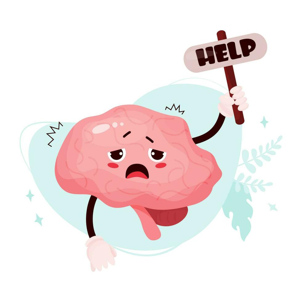 infeliz triste desenho animado cérebro. fofa personagem humano órgão é doente, sofrimento e Perguntando para ajuda. vetor ilustração. central nervoso sistema órgão mascote.