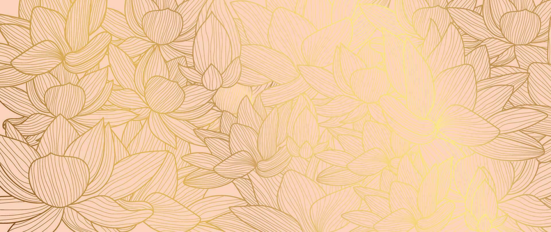 luxo mão desenhado lótus flores fundo vetor. elegante gradiente ouro lótus flores linha arte, folhas em Rosa fundo. oriental Projeto para Casamento convite, cobrir, imprimir, decoração, modelo. vetor