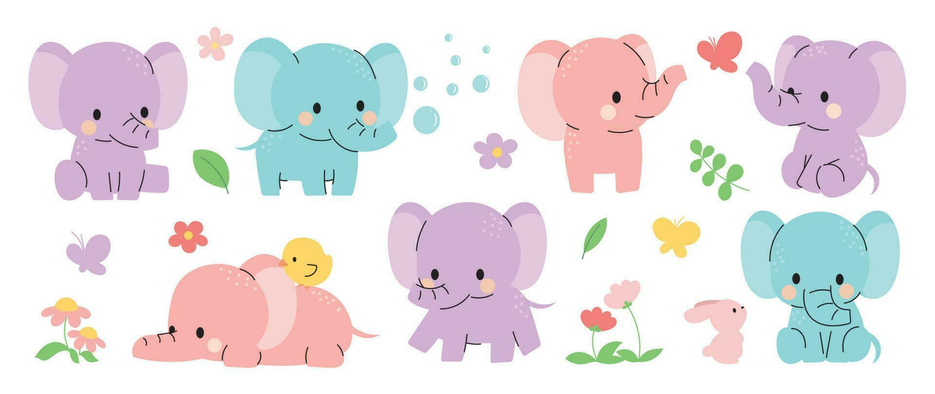 conjunto do fofa elefantes vetor. adorável selvagem vida elefante dentro diferente poses, feliz, sentado, coelho, garota, flor. feliz selvagem animais ilustração Projeto para Educação, crianças, poster, adesivos. vetor