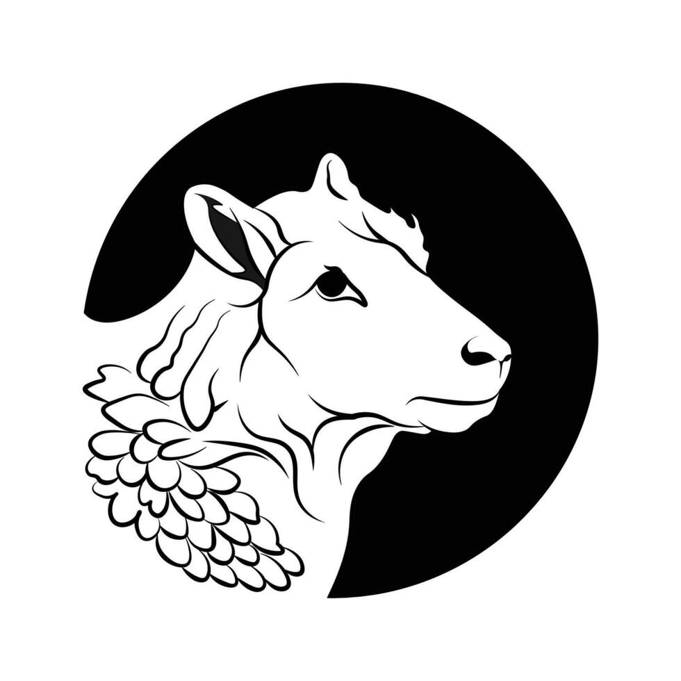 ovelha logotipo dentro uma círculo, linha arte logotipo, com uma toque do pele abaixo a pescoço vetor