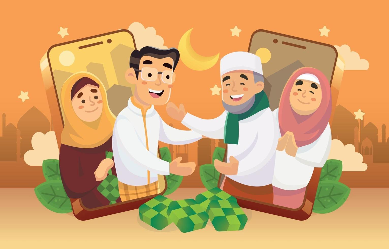 Saudação eid mubarak com a família no celular vetor