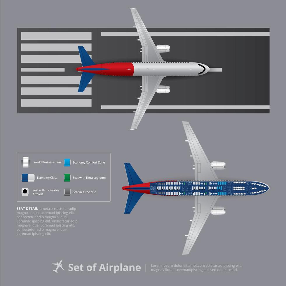 conjunto de avião com ilustração vetorial de mapa de assentos vetor