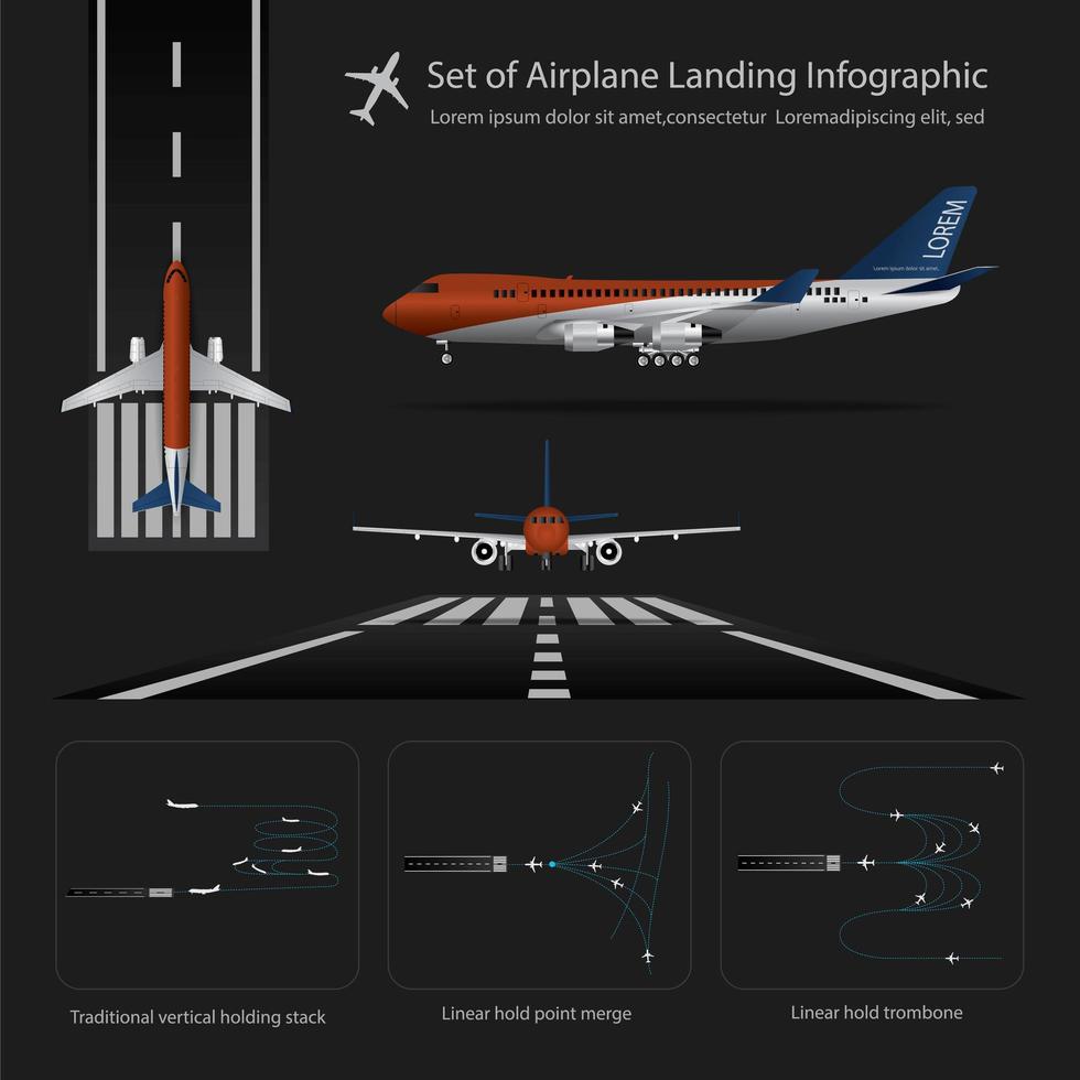 conjunto de ilustração vetorial isolado de infográfico de pouso de avião vetor