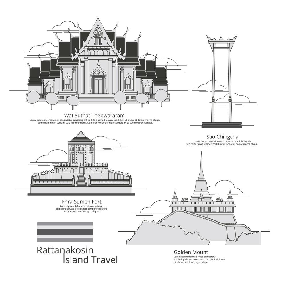 conjunto de ilustração vetorial de estilo de desenho de viagens bangkok vetor