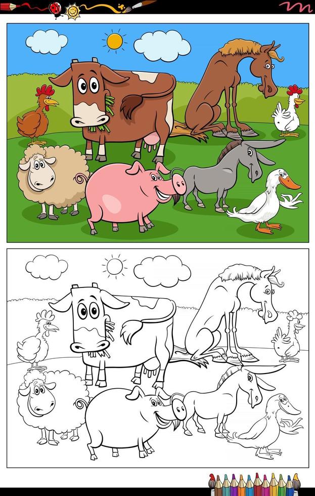 personagens de animais de fazenda para colorir página vetor