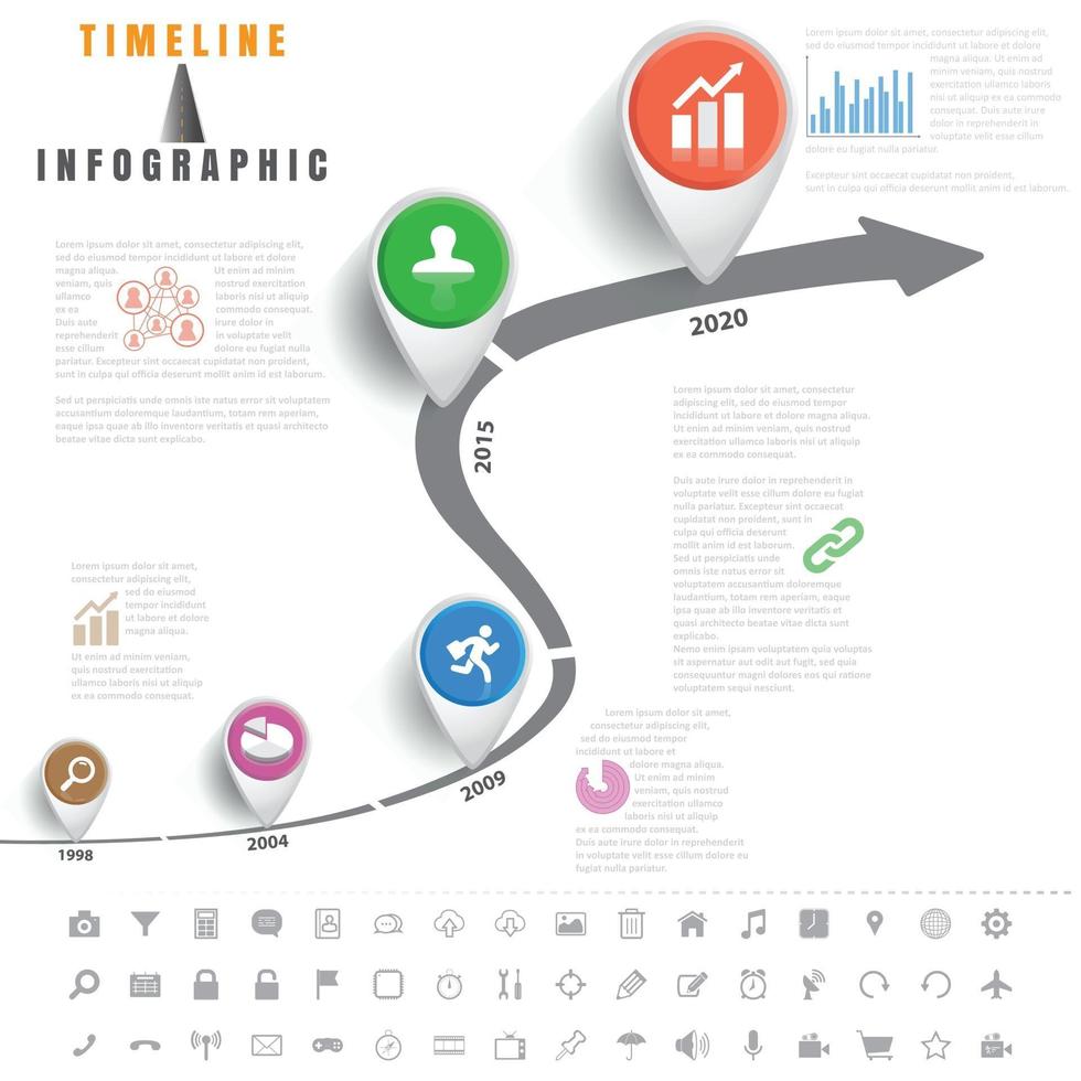 ícones de infográfico de linha do tempo de mapa de estrada de negócios projetados para abstrato modelo de marco elemento diagrama moderno processo tecnologia digital marketing dados apresentação gráfico ilustração vetorial vetor