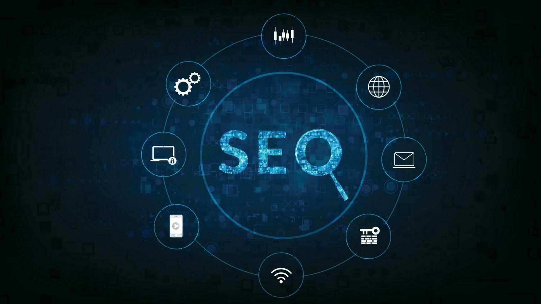 seo procurar motor otimização. Internet tecnologia para o negócio empresa. procurar motor otimização seo conceito em Sombrio azul fundo. vetor