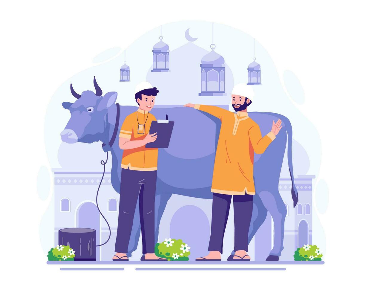 feliz eid al adha mubarak. muçulmano pessoas estão preparando uma vaca para estar sacrificado para qurban em eid al-adha. vetor ilustração