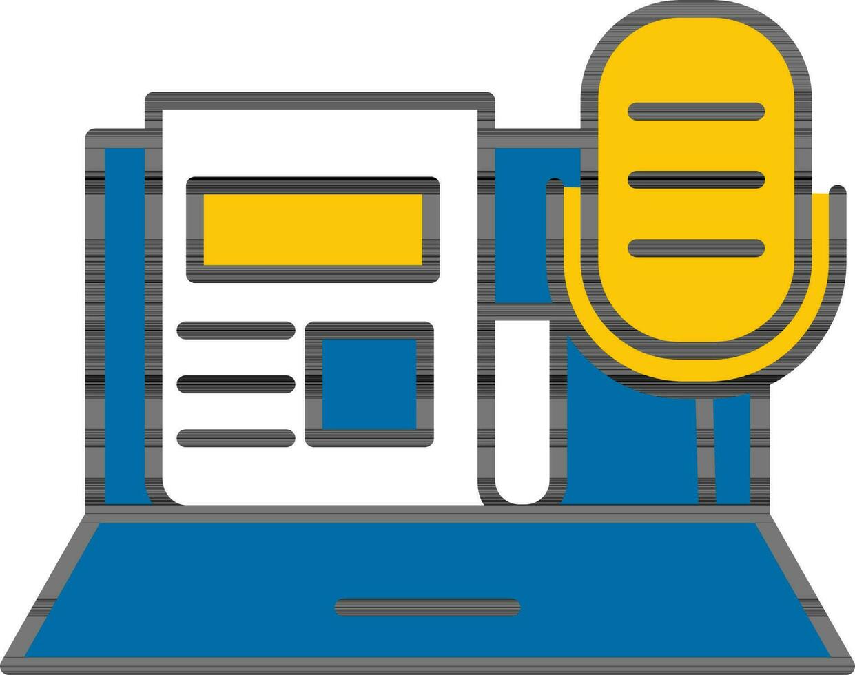 jornal com microfone dentro computador portátil tela ícone dentro amarelo e azul cor. vetor