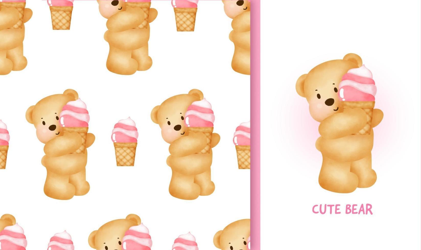cartão de aniversário sem costura padrão com fofo urso de pelúcia segurando um sorvete vetor