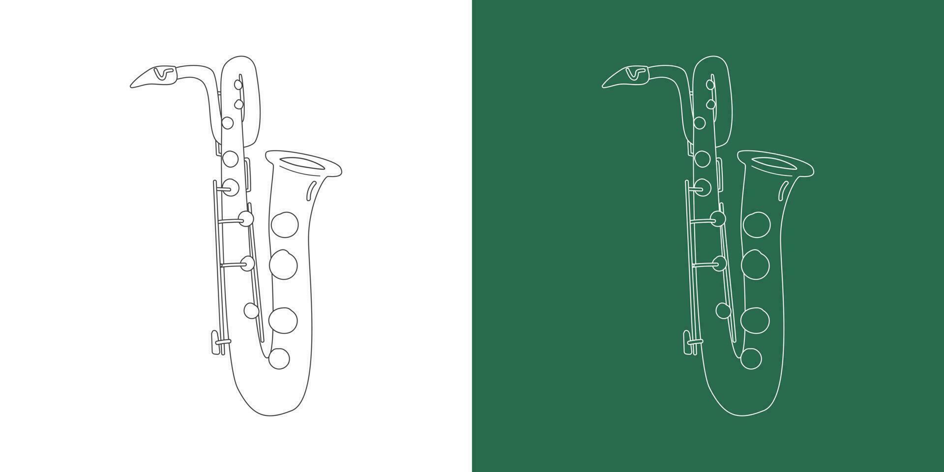 barítono saxofone linha desenhando desenho animado estilo. latão instrumento barítono saxofone clipart desenhando dentro linear estilo isolado em branco e quadro-negro fundo. musical instrumento clipart conceito vetor