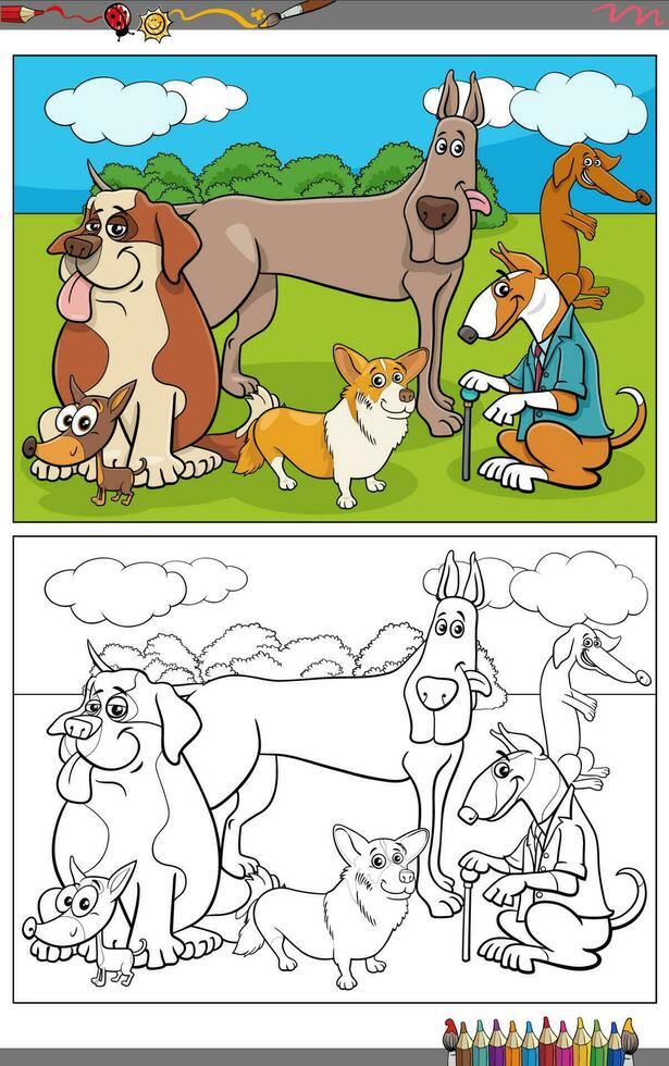 desenho animado cachorros e filhotes personagens grupo coloração página vetor