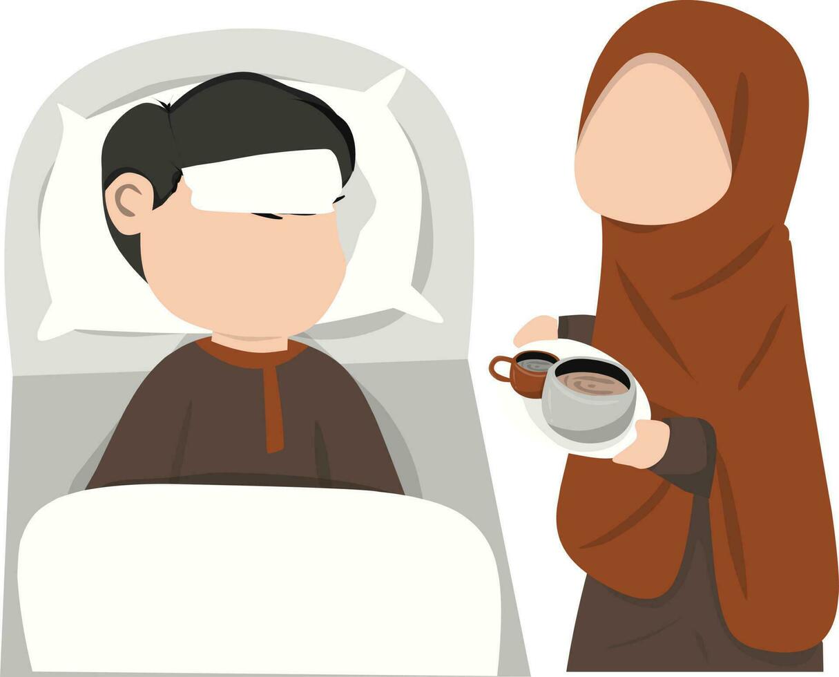 muçulmano homem bebendo café dentro cama. vetor ilustração dentro plano estilo.