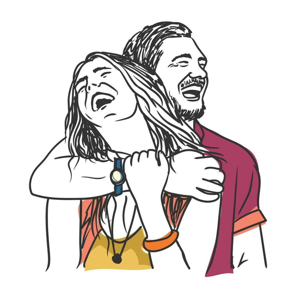 lindo casal abraçando e rindo juntos vetor linha arte ilustração