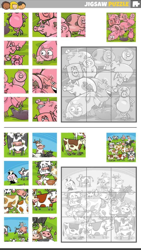 quebra-cabeças enigma Atividades conjunto com desenho animado porcos e vacas vetor