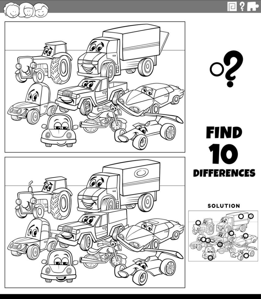 diferenças jogos com desenho animado carros coloração página vetor