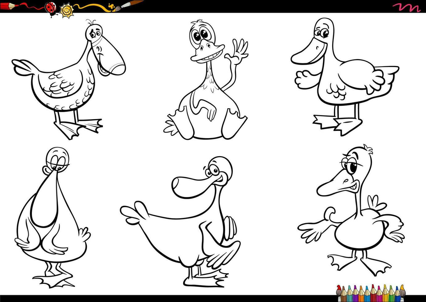 desenho animado patos Fazenda animal personagens conjunto coloração página vetor