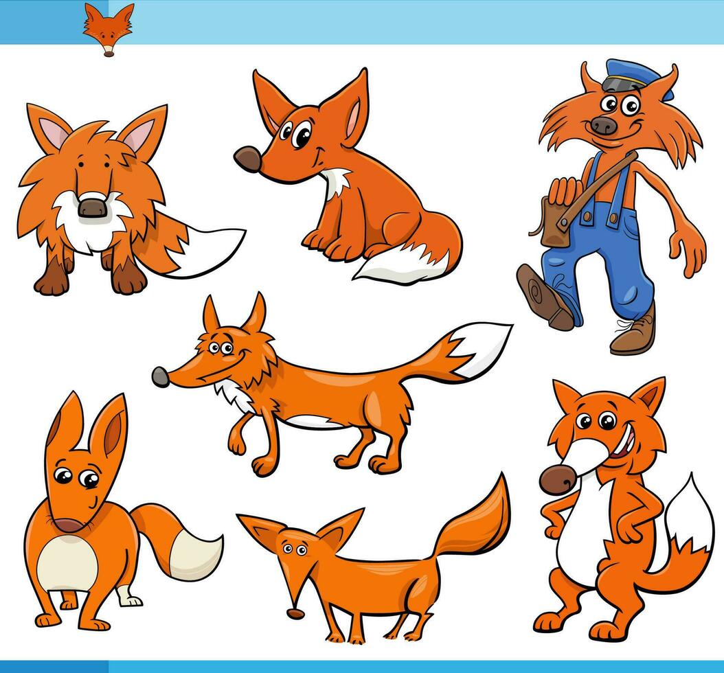 desenho animado engraçado raposas animal quadrinho personagens conjunto vetor
