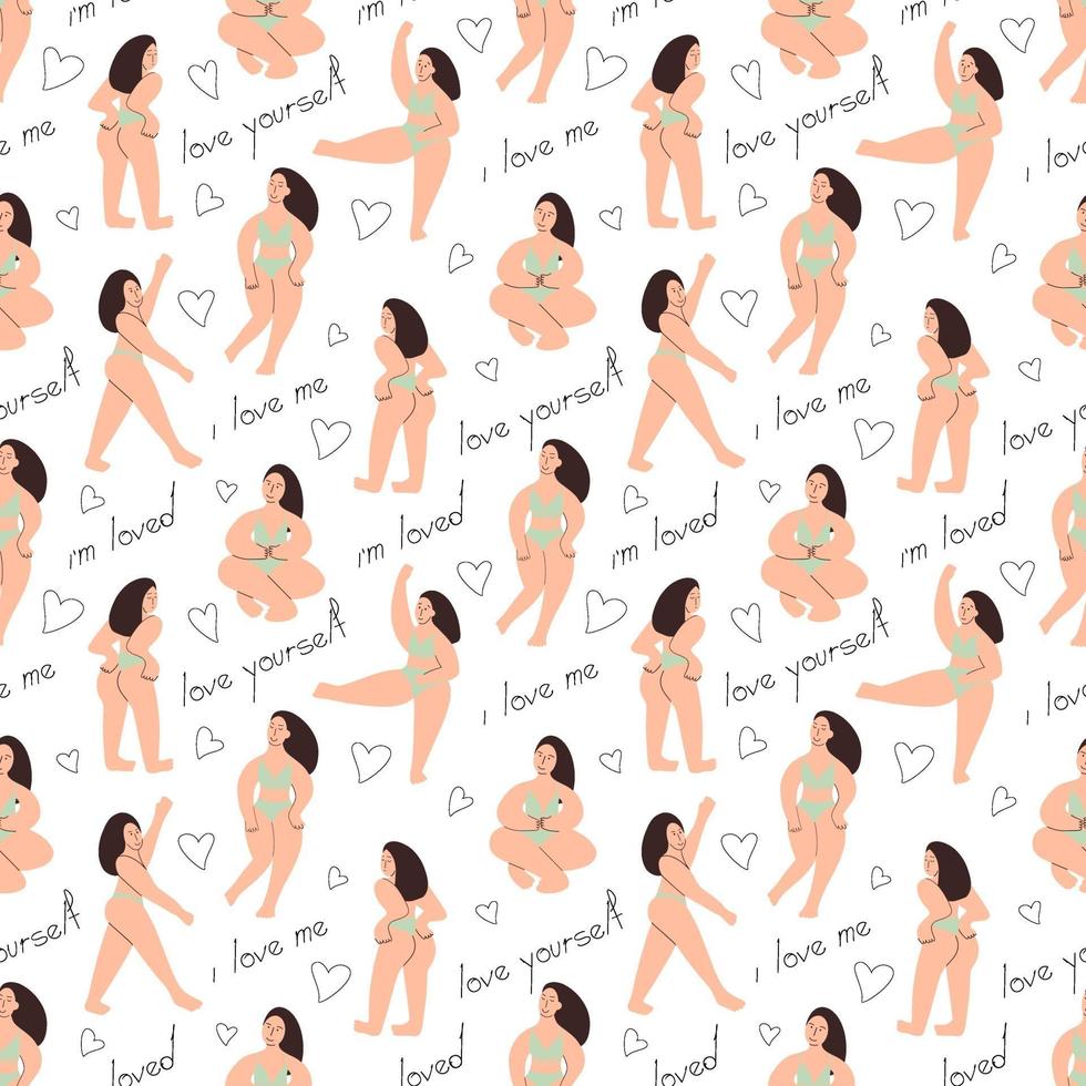 padrão sem emenda de meninas bodypositive. uma modelo curvilínea mostra seu corpo. ilustração vetorial vetor